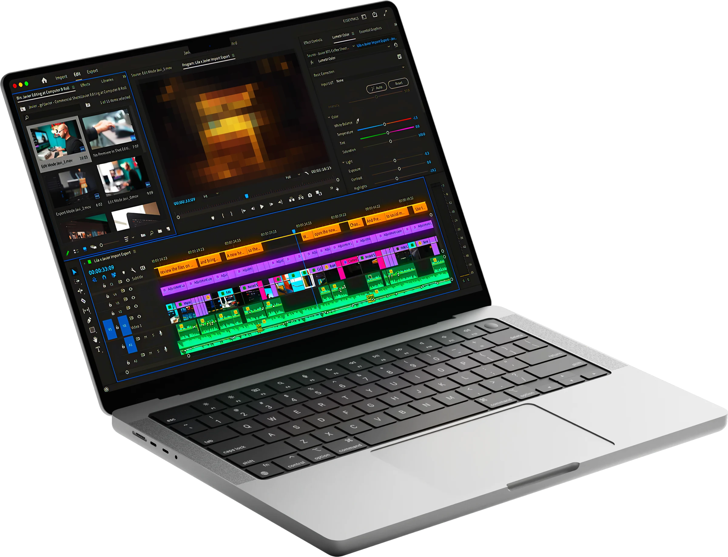 Laptop running a colorful video-editing timeline
